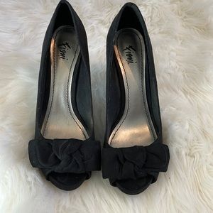 black suede open toe pumps
